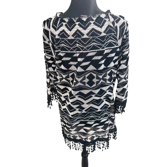Ali Miles Black White Geometric Semi Sheer Knit Top Tassel Trim S Resort Coverup - Picture 3 of 10